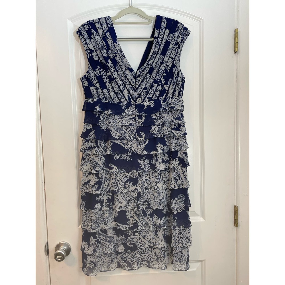 Adrianna Papell Blue Toile Off the Shoulder Chiffon Ruffle Dress Size 14